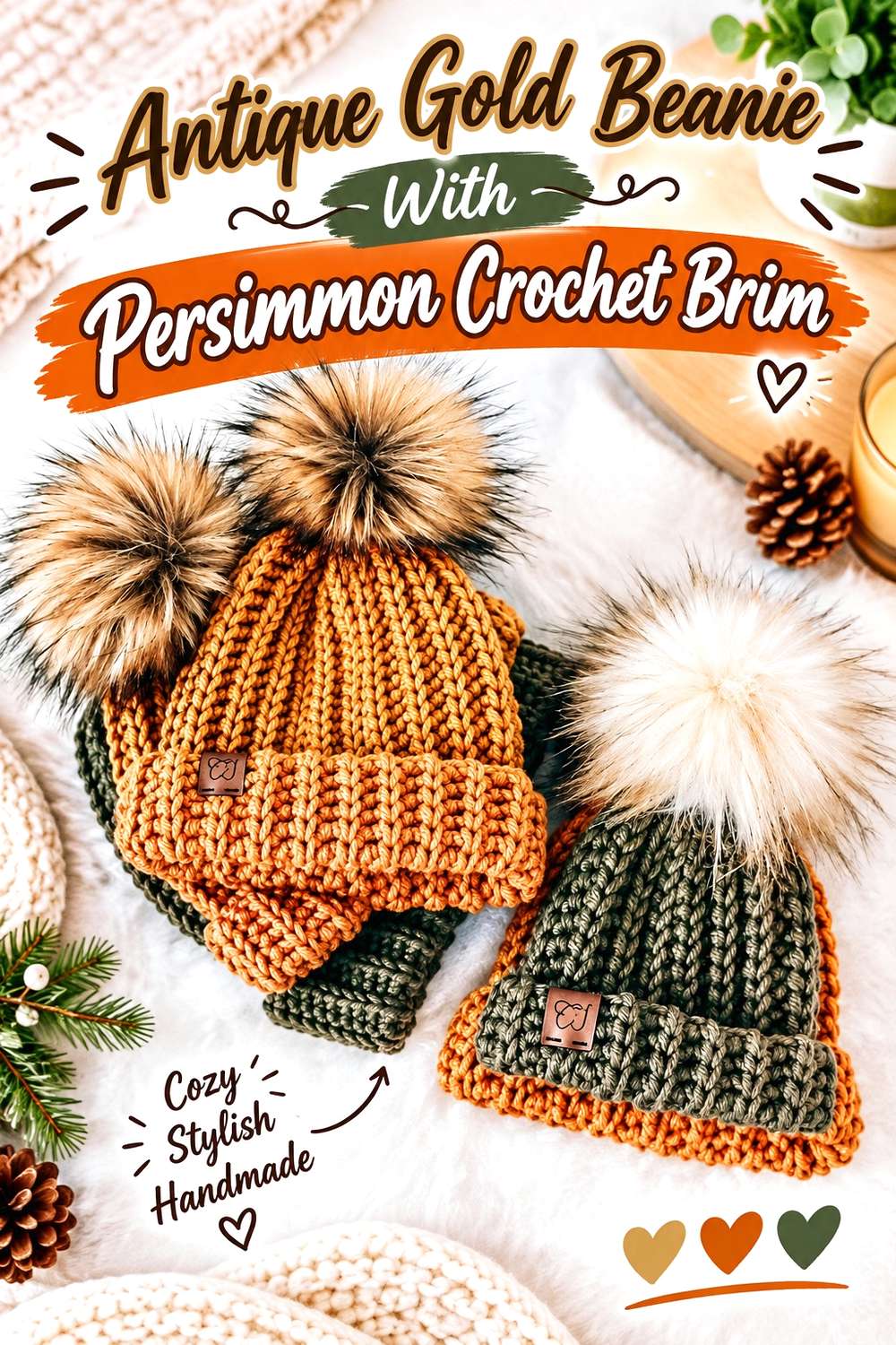 Antique Gold Beanie With Persimmon Crochet Brim