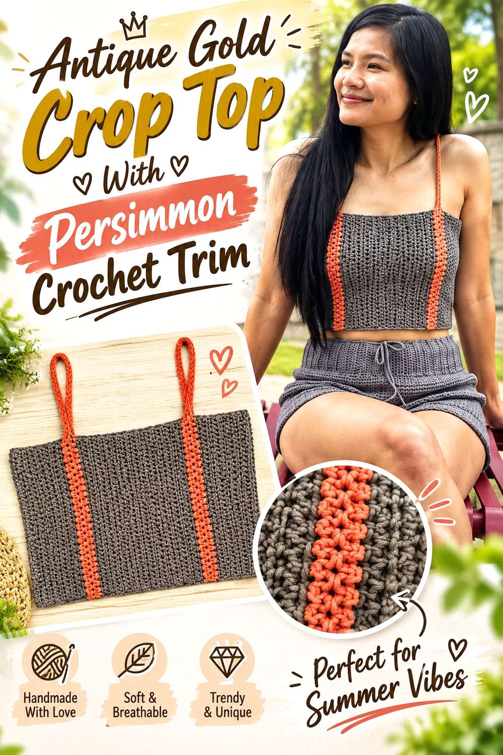 Antique Gold Crop Top With Persimmon Crochet Trim