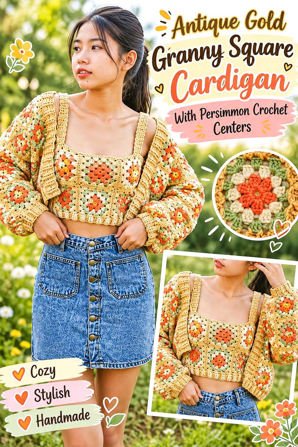 Antique Gold Granny Square Cardigan With Persimmon Crochet Centers