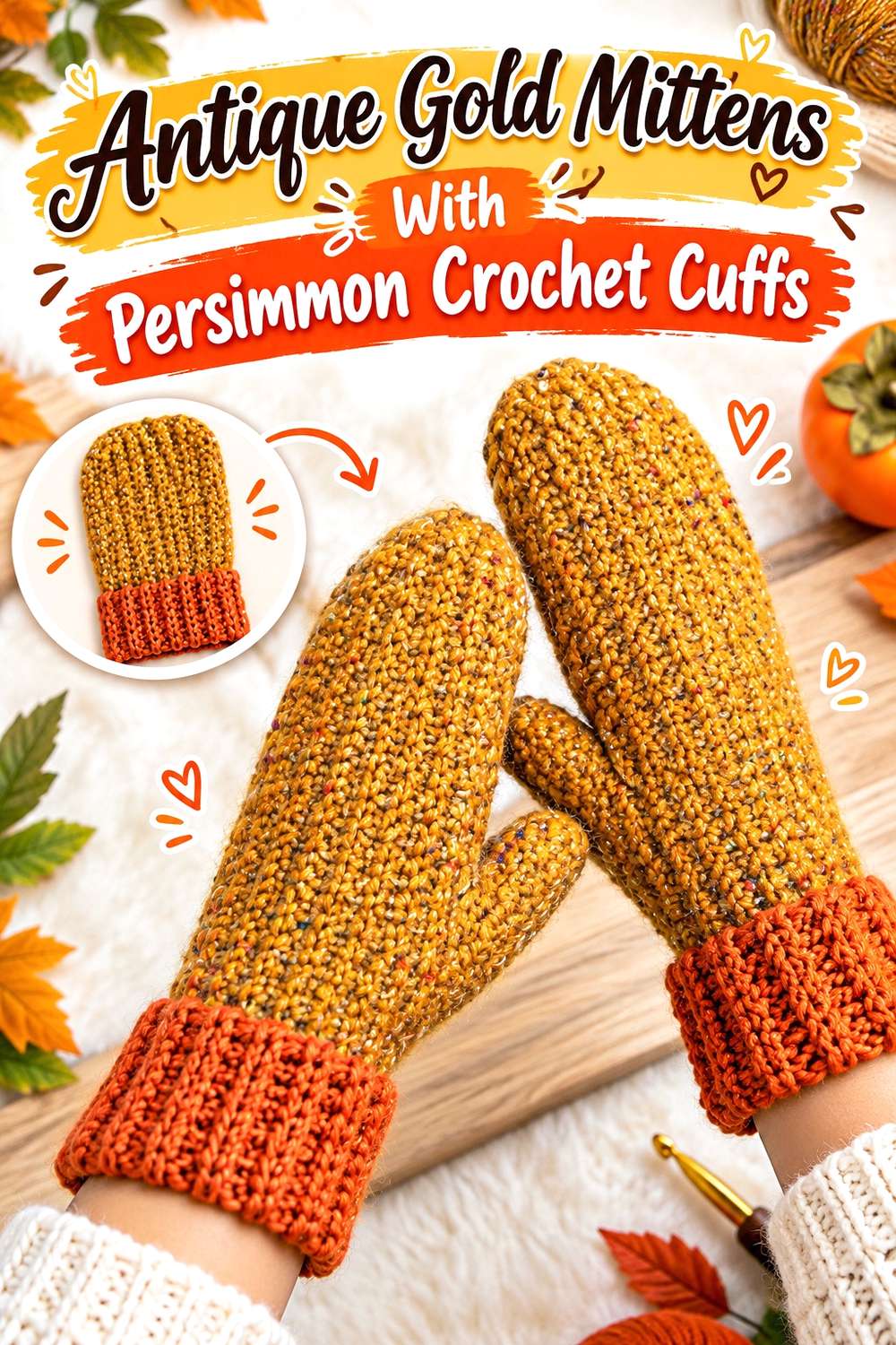 Antique Gold Mittens With Persimmon Crochet Cuffs