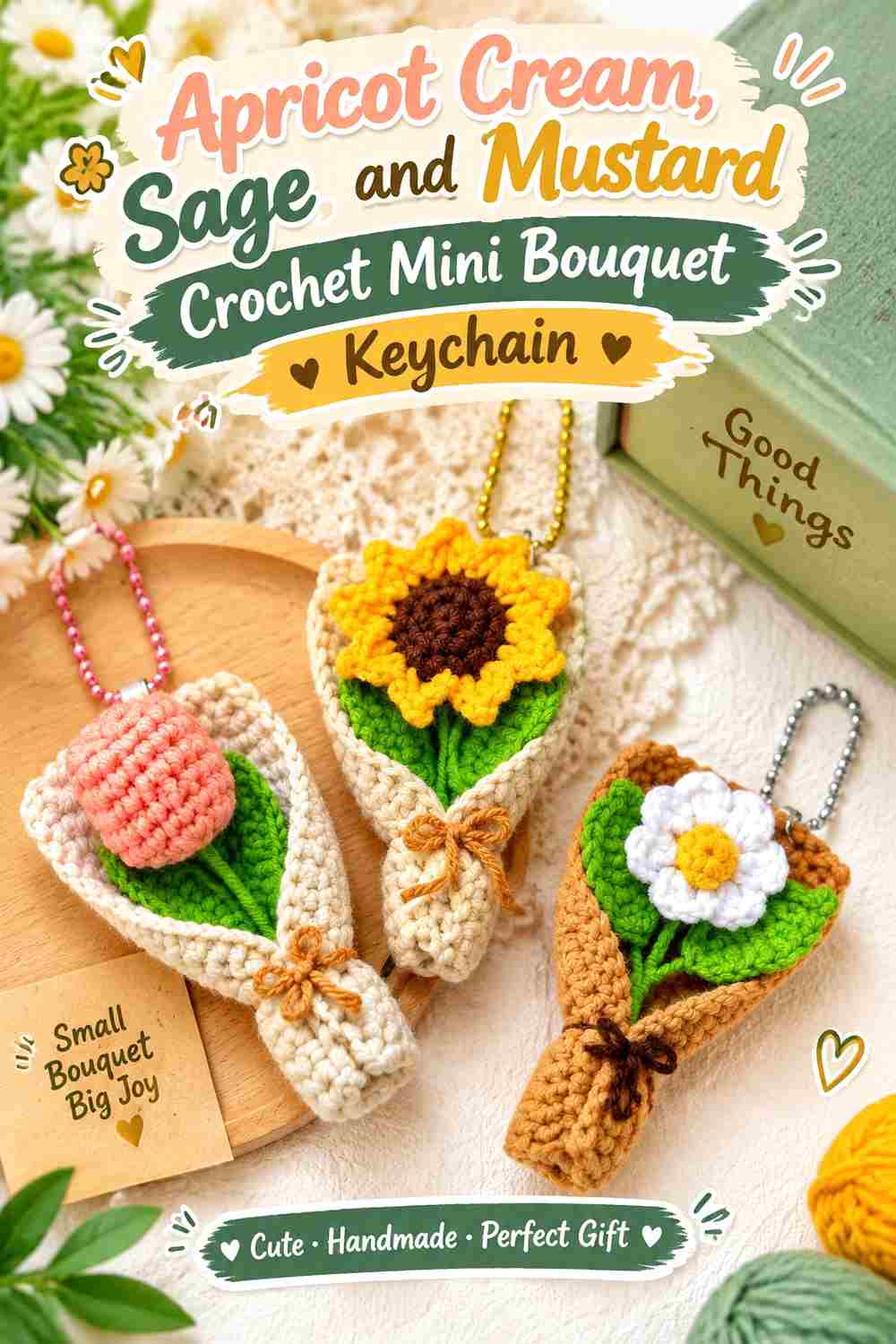 8. Apricot Cream Sage And Mustard Crochet Mini Bouquet Keychain