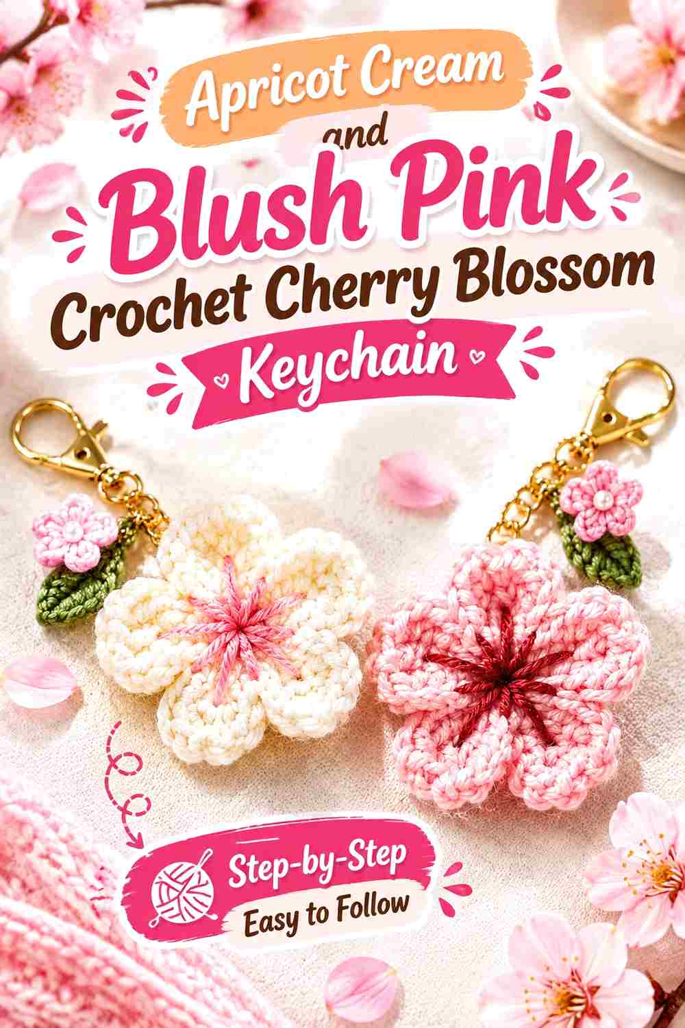 16. Apricot Cream And Blush Pink Crochet Cherry Blossom Keychain