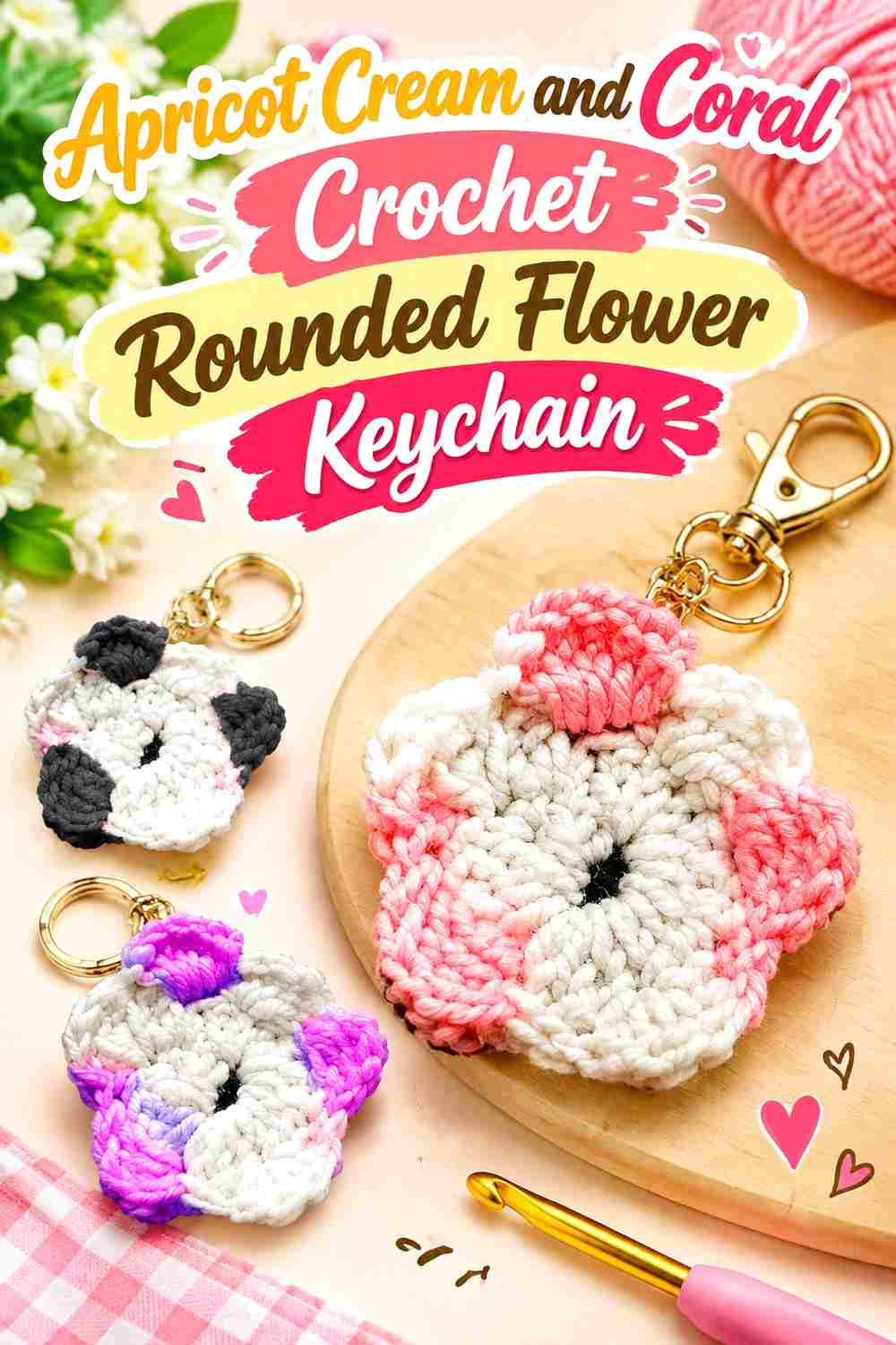 5. Apricot Cream And Coral Crochet Rounded Flower Keychain