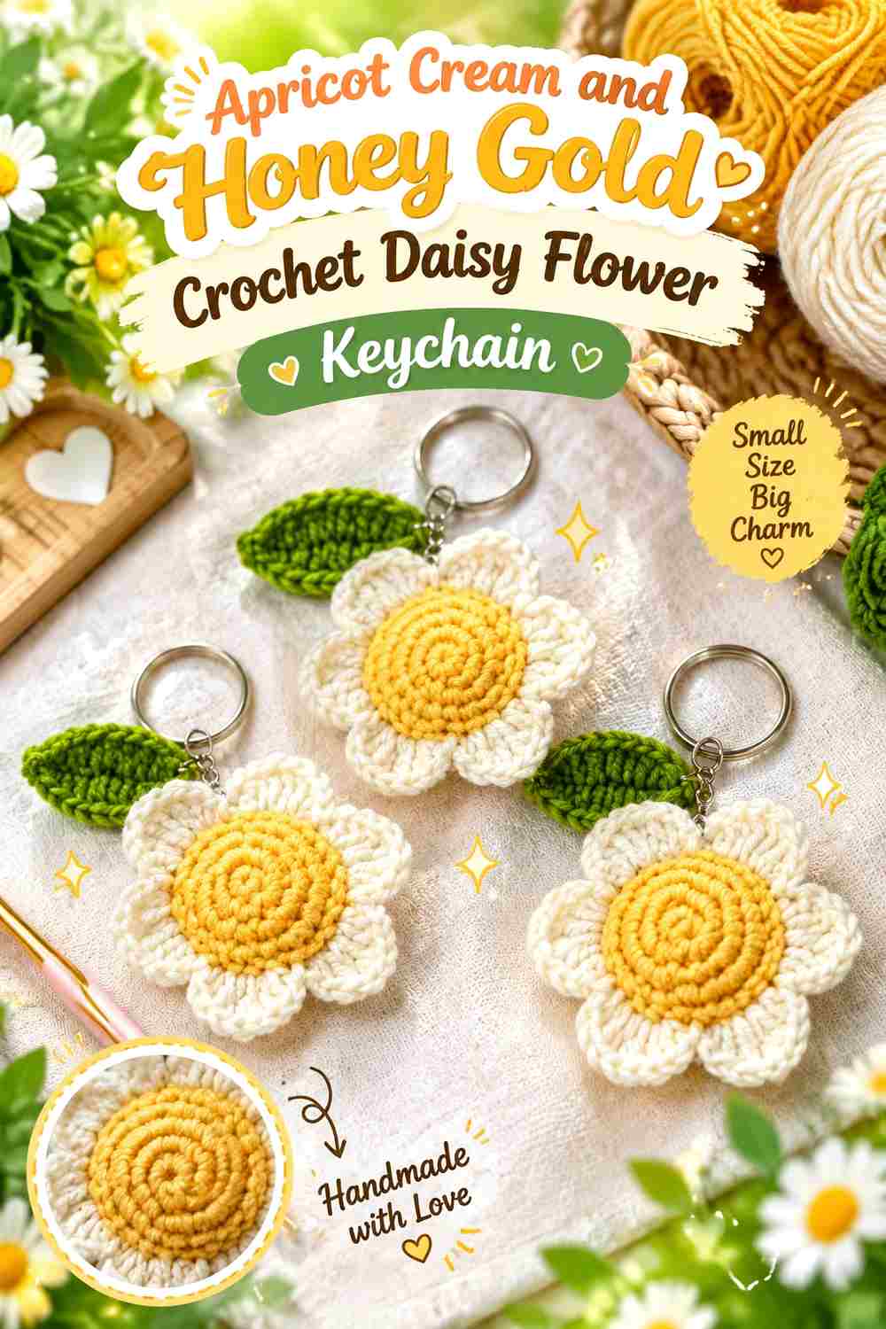 1. Apricot Cream And Honey Gold Crochet Daisy Flower Keychain