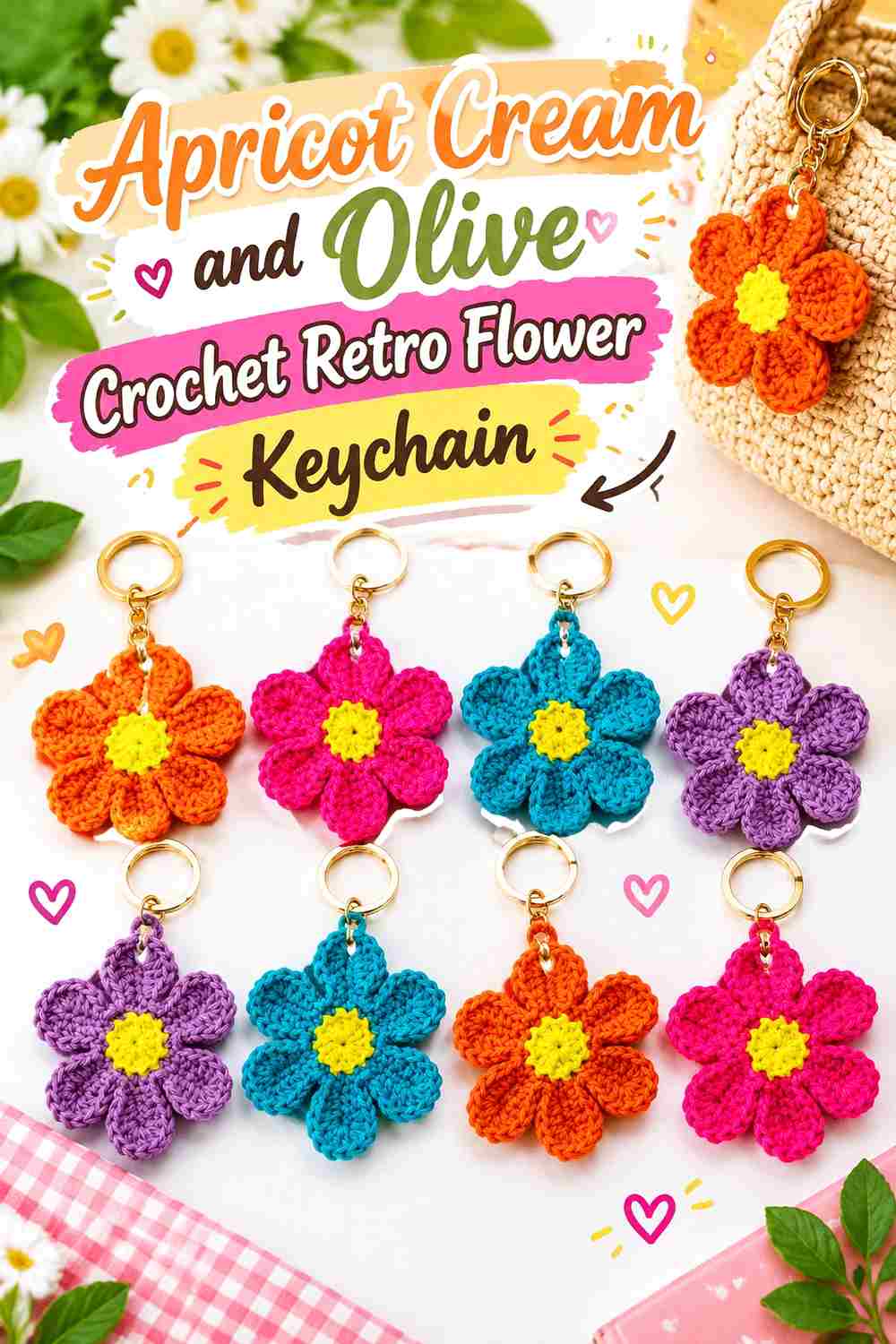6. Apricot Cream And Olive Crochet Retro Flower Keychain