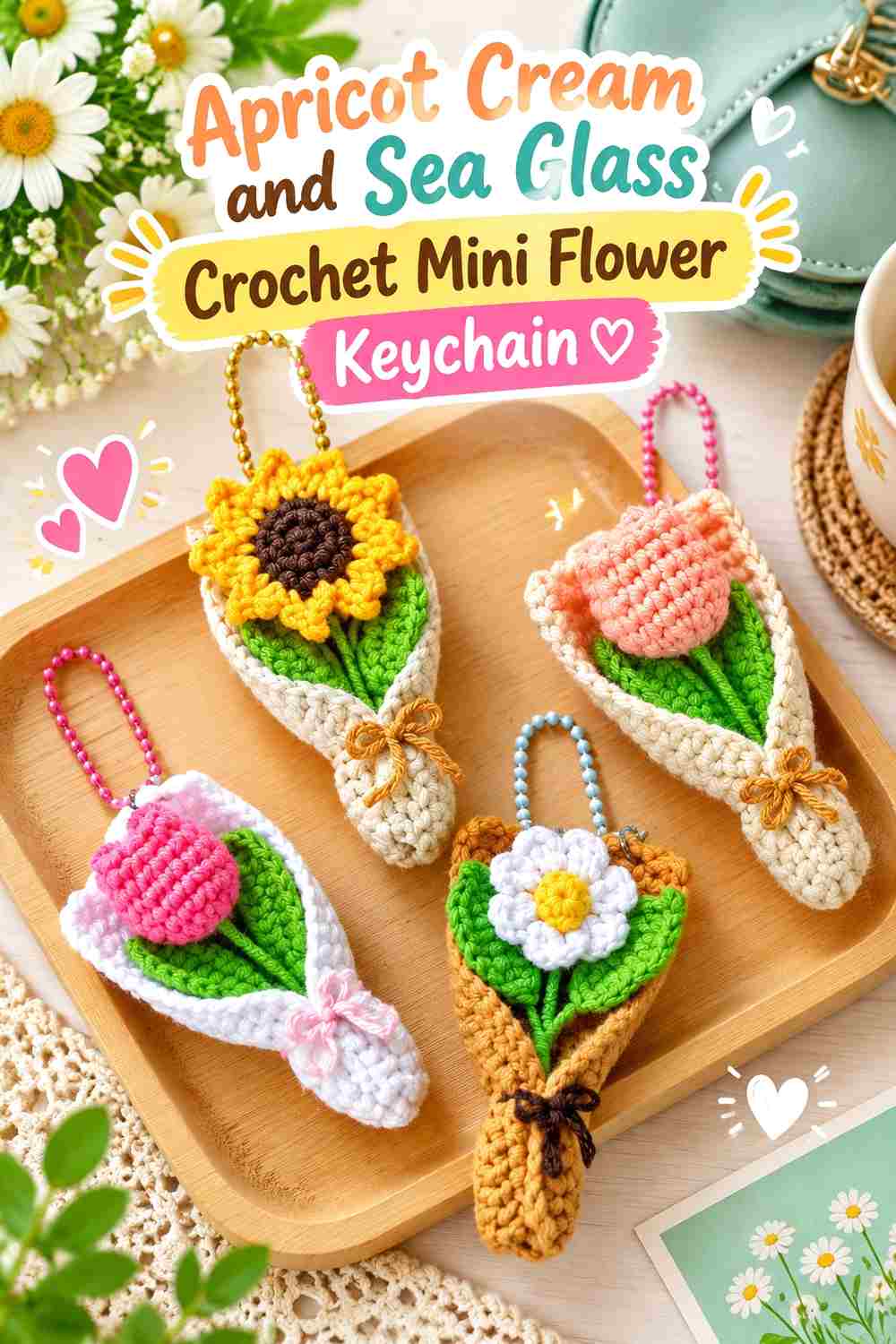 9. Apricot Cream And Sea Glass Crochet Mini Flower Keychain