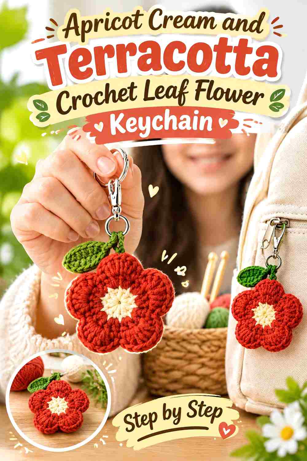 11. Apricot Cream And Terracotta Crochet Leaf Flower Keychain