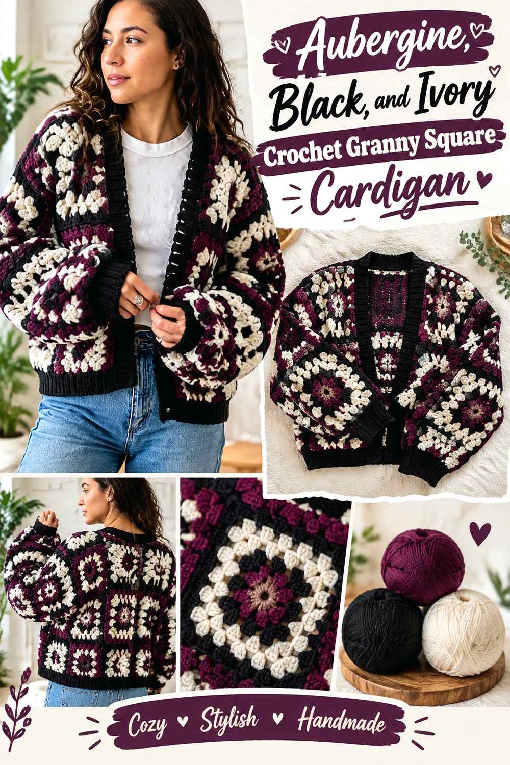 12. Aubergine Black And Ivory Crochet Granny Square Cardigan
