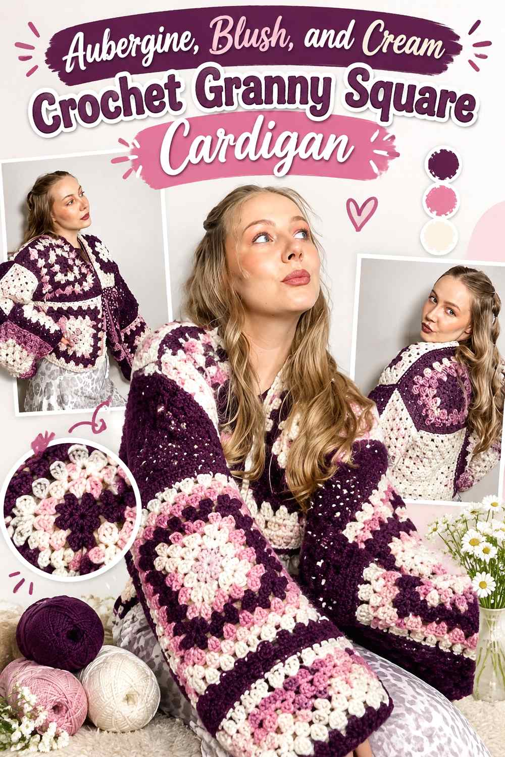 9. Aubergine Blush And Cream Crochet Granny Square Cardigan