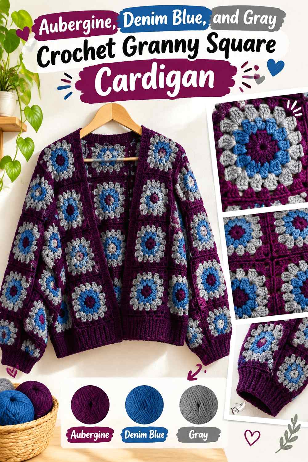 14. Aubergine Denim Blue And Gray Crochet Granny Square Cardigan