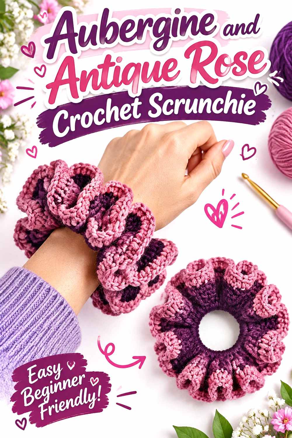 23. Aubergine And Antique Rose Crochet Scrunchie