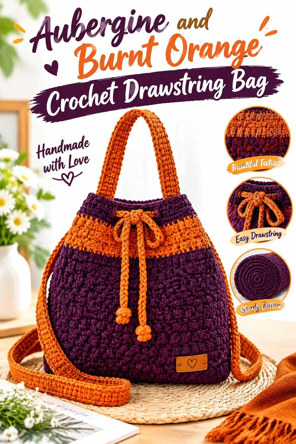 20. Aubergine And Burnt Orange Crochet Drawstring Bag