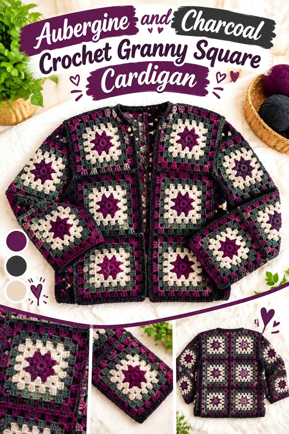 5. Aubergine And Charcoal Crochet Granny Square Cardigan