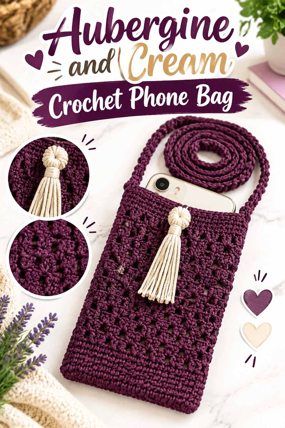16. Aubergine And Cream Crochet Phone Bag
