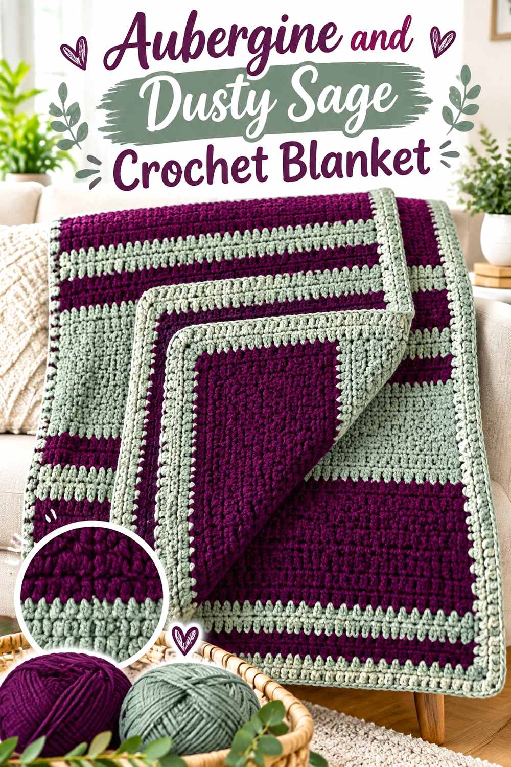 4. Aubergine And Dusty Sage Crochet Blanket