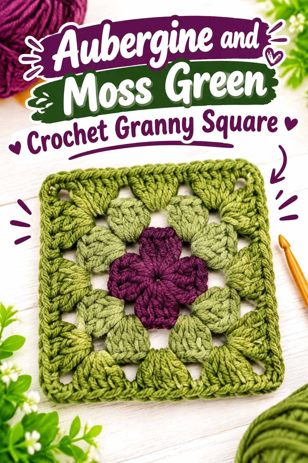 15. Aubergine And Moss Green Crochet Granny Square