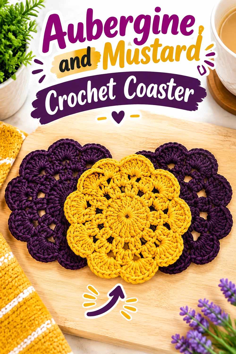 24. Aubergine And Mustard Crochet Coaster