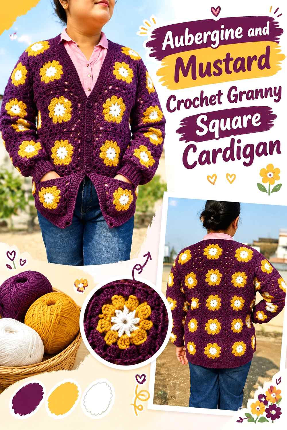 4. Aubergine And Mustard Crochet Granny Square Cardigan