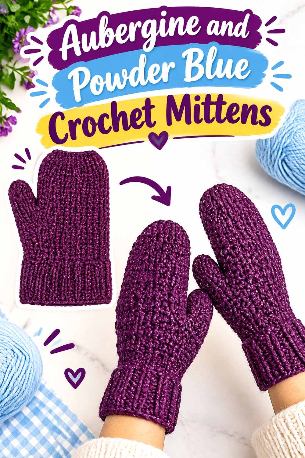 22. Aubergine And Powder Blue Crochet Mittens
