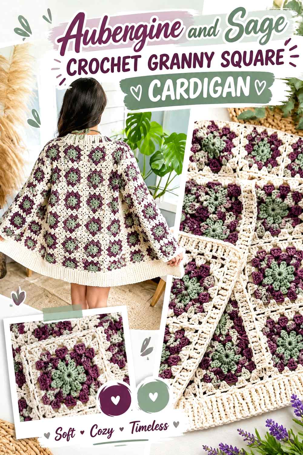 3. Aubergine And Sage Crochet Granny Square Cardigan