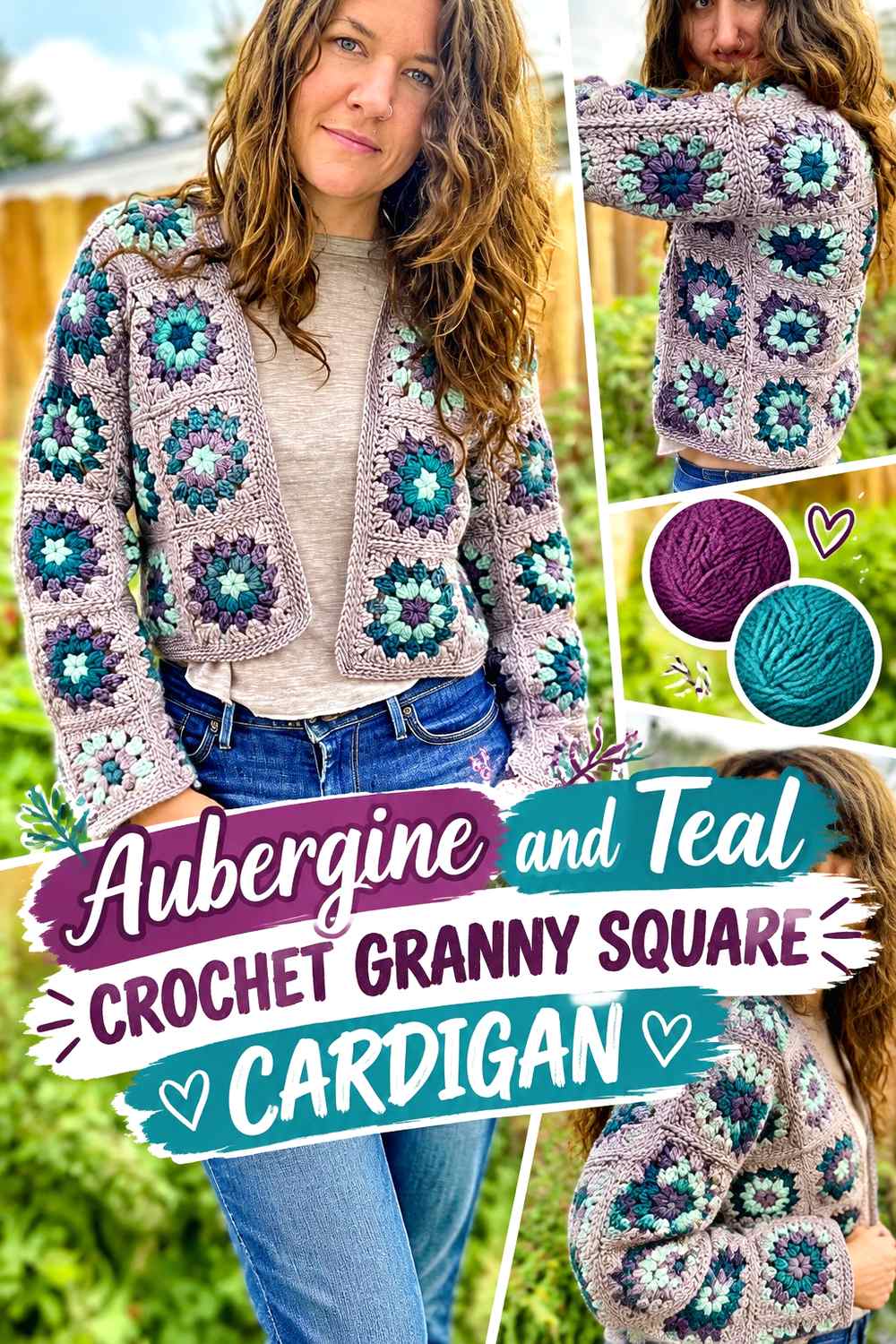7. Aubergine And Teal Crochet Granny Square Cardigan