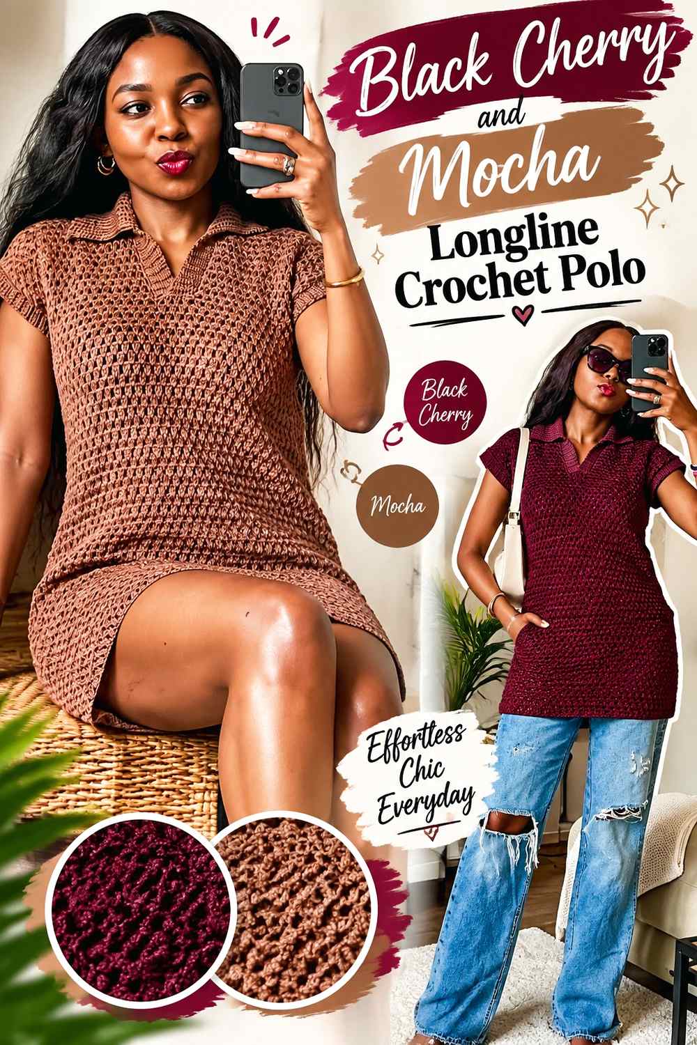 11. Black Cherry And Mocha Longline Crochet Polo