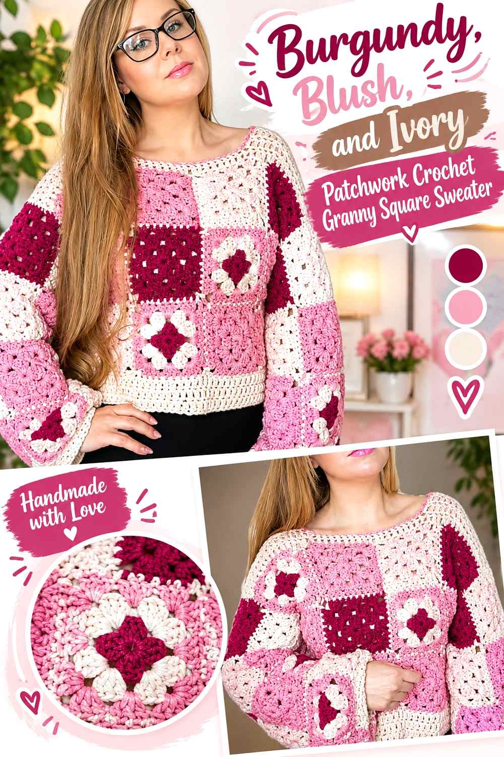 2. Burgundy Blush And Ivory Patchwork Crochet Granny Square Sweater
