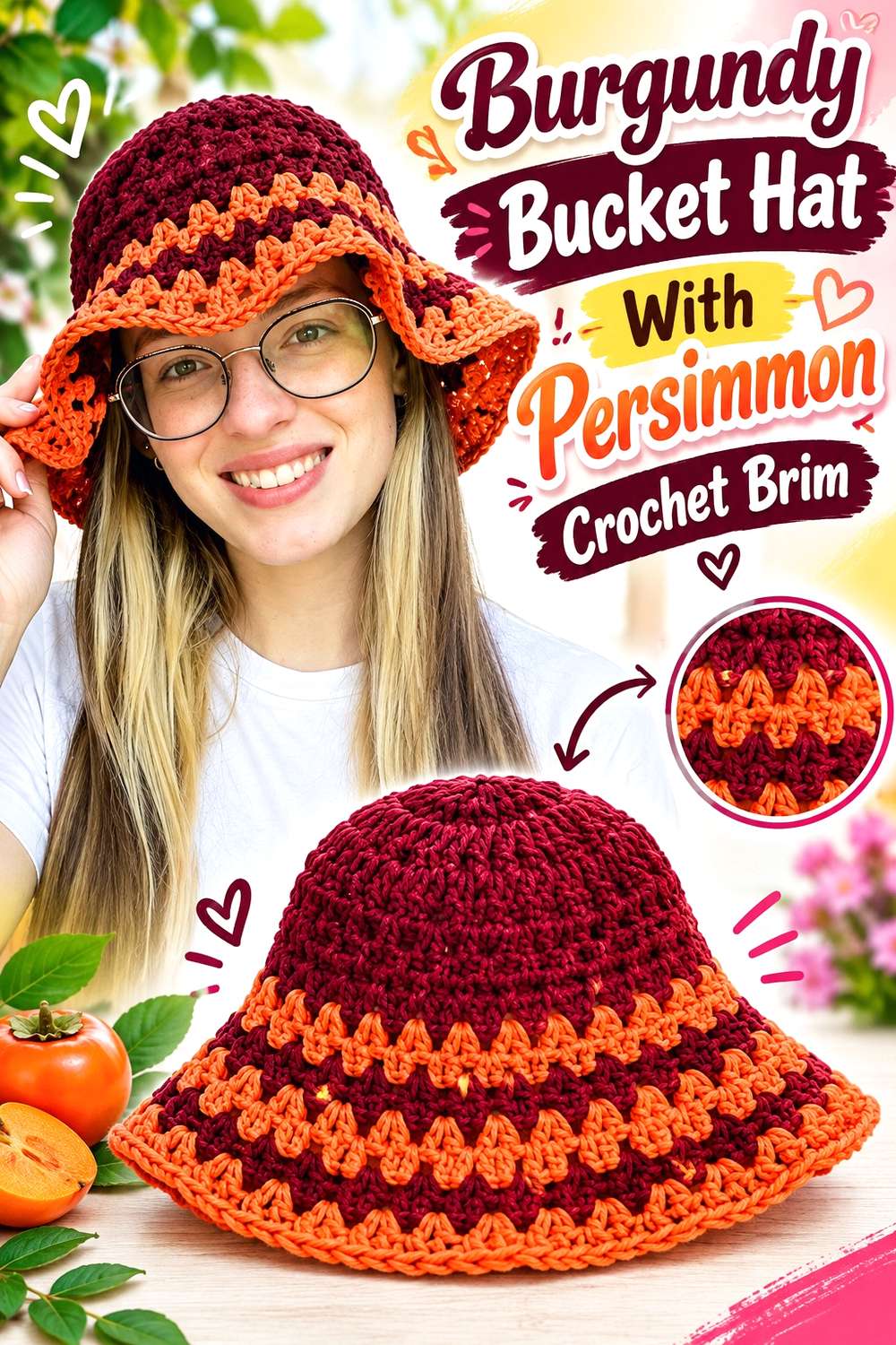 4. Burgundy Bucket Hat With Persimmon Crochet Brim