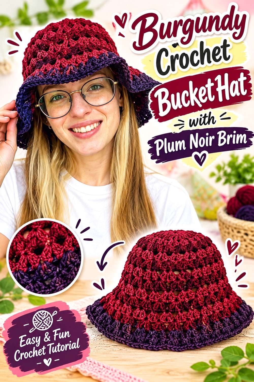 Burgundy Crochet Bucket Hat with Plum Noir Brim