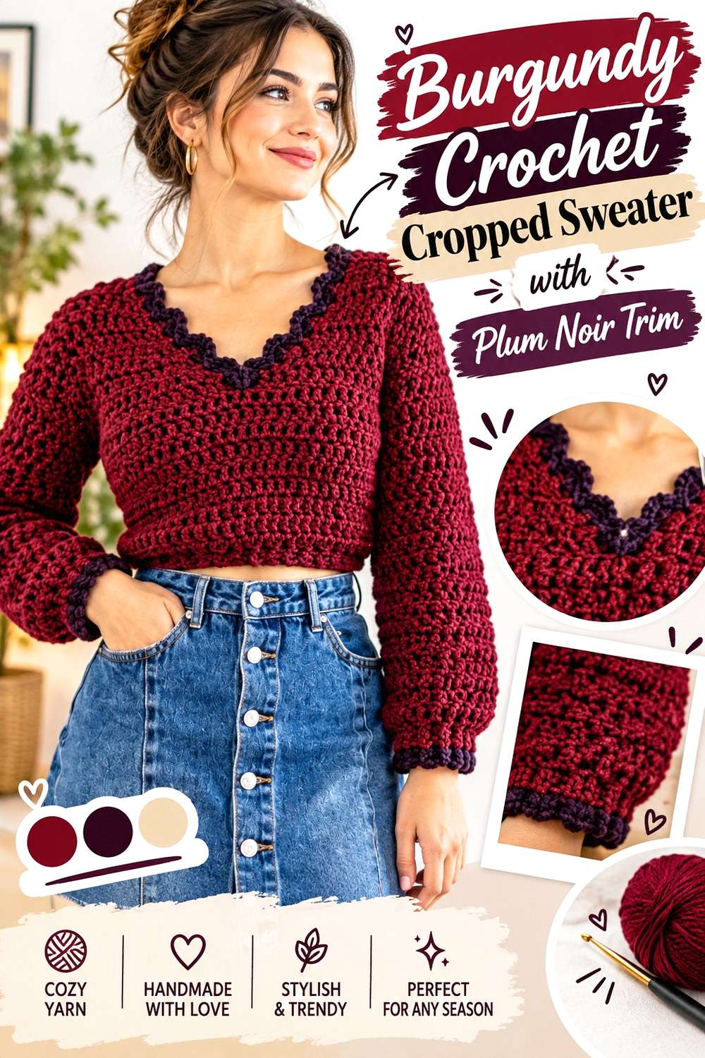 Burgundy Crochet Cropped Sweater with Plum Noir Trim