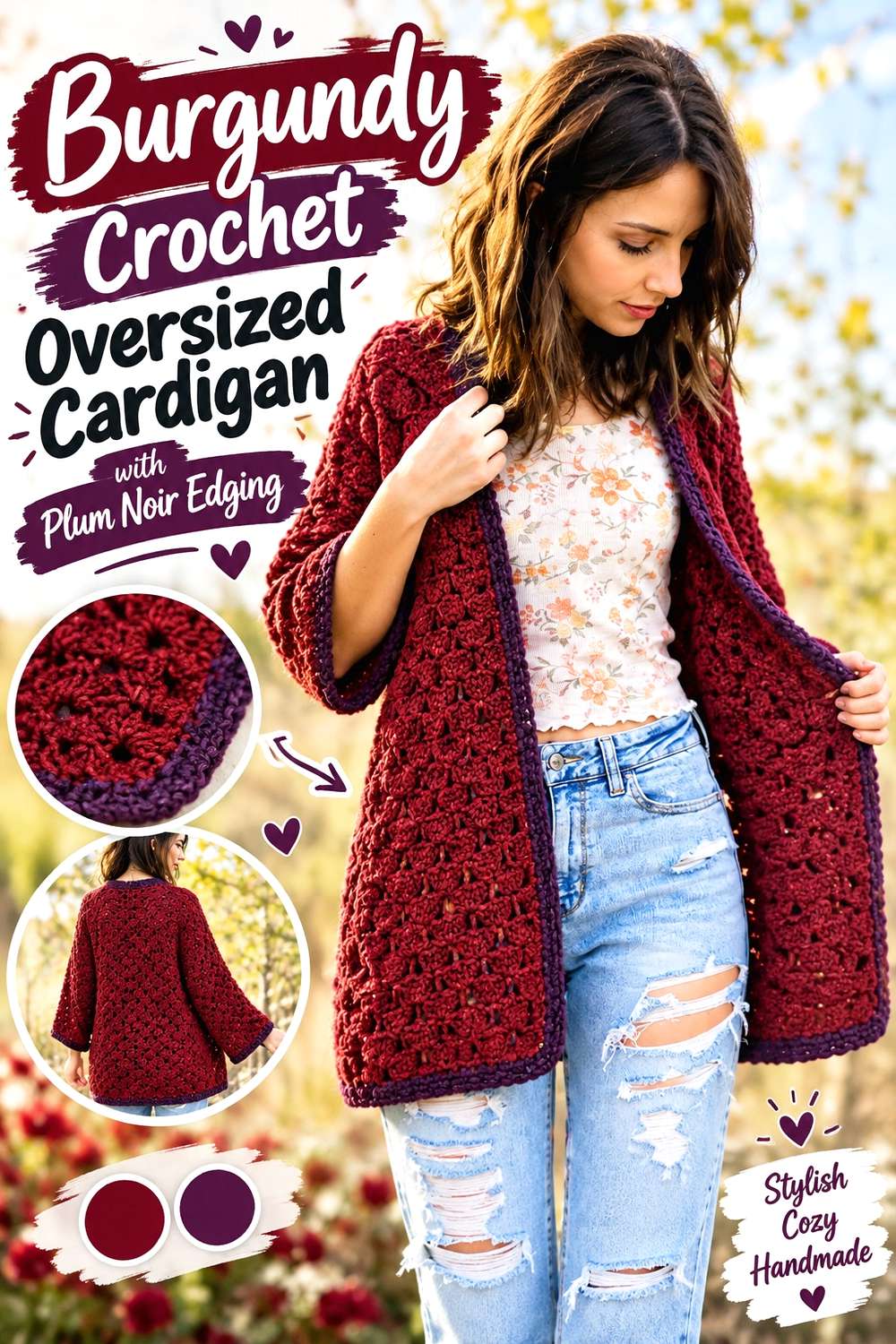 Burgundy Crochet Oversized Cardigan with Plum Noir Edging