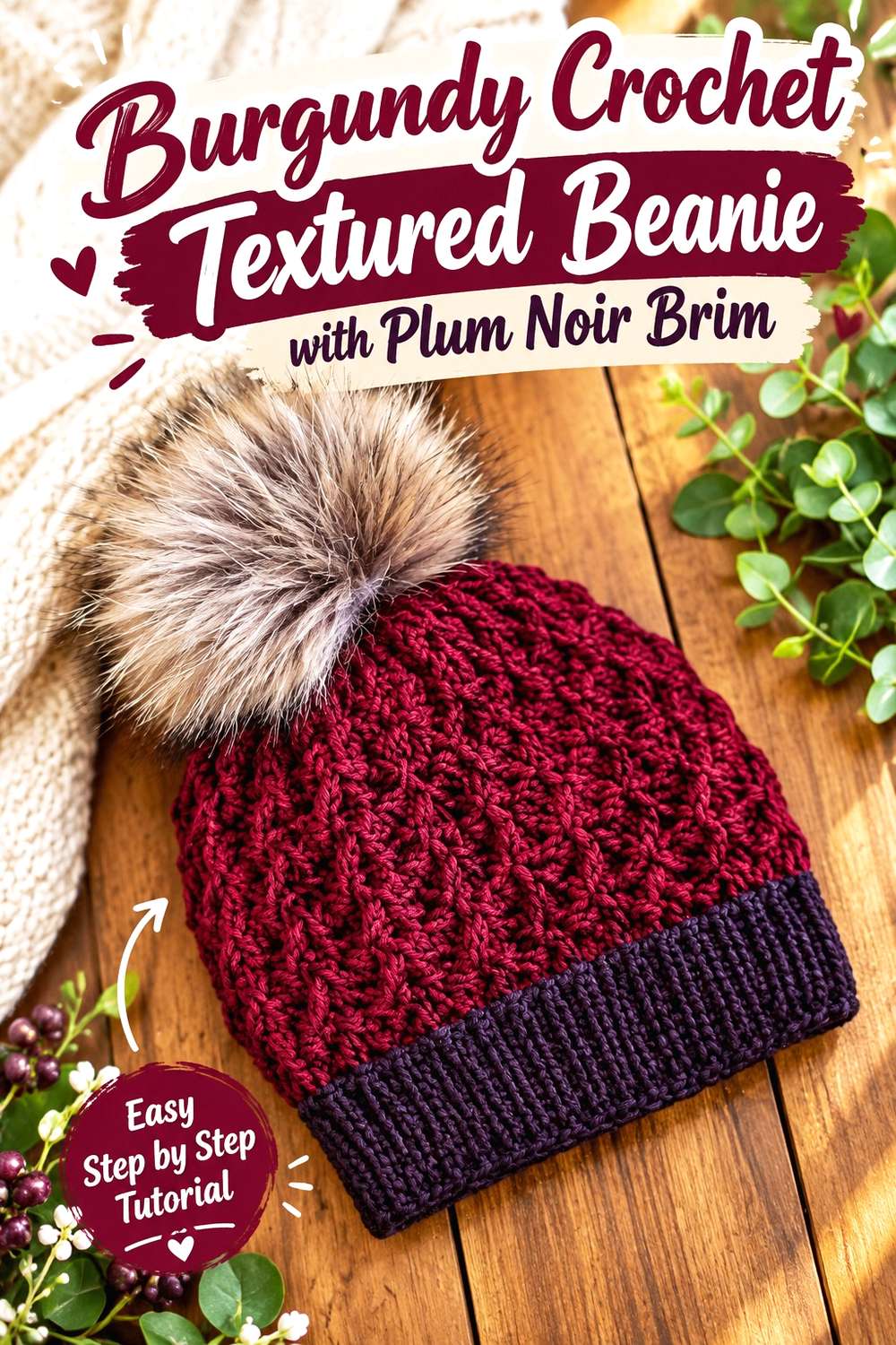 Burgundy Crochet Textured Beanie with Plum Noir Brim