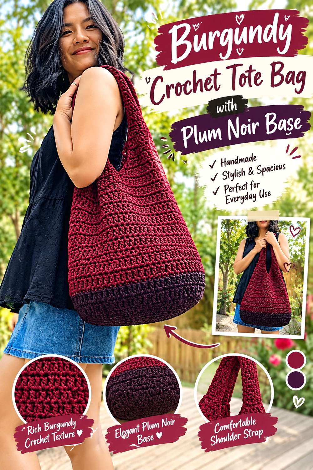 Burgundy Crochet Tote Bag with Plum Noir Base