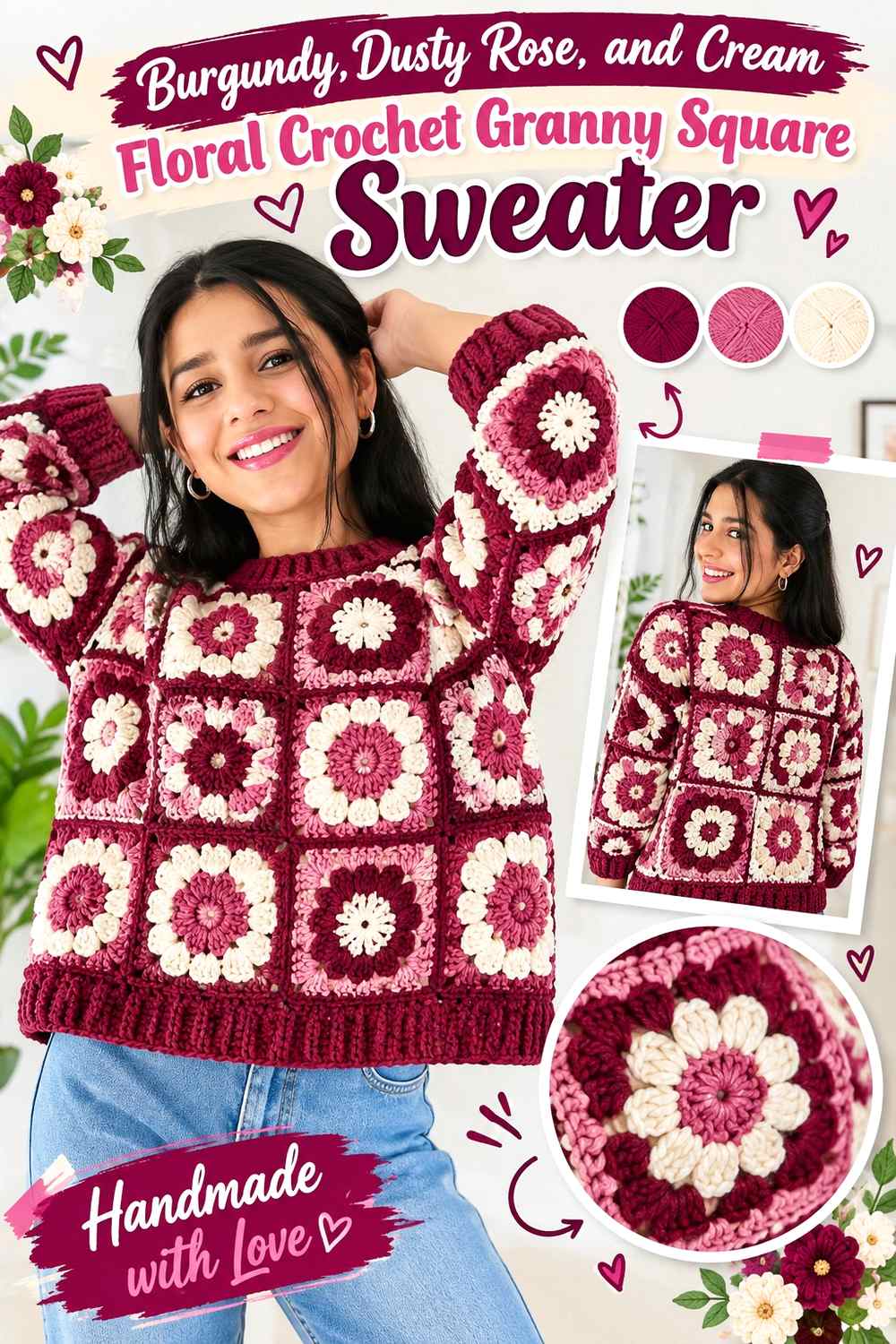 5. Burgundy Dusty Rose And Cream Floral Crochet Granny Square Sweater