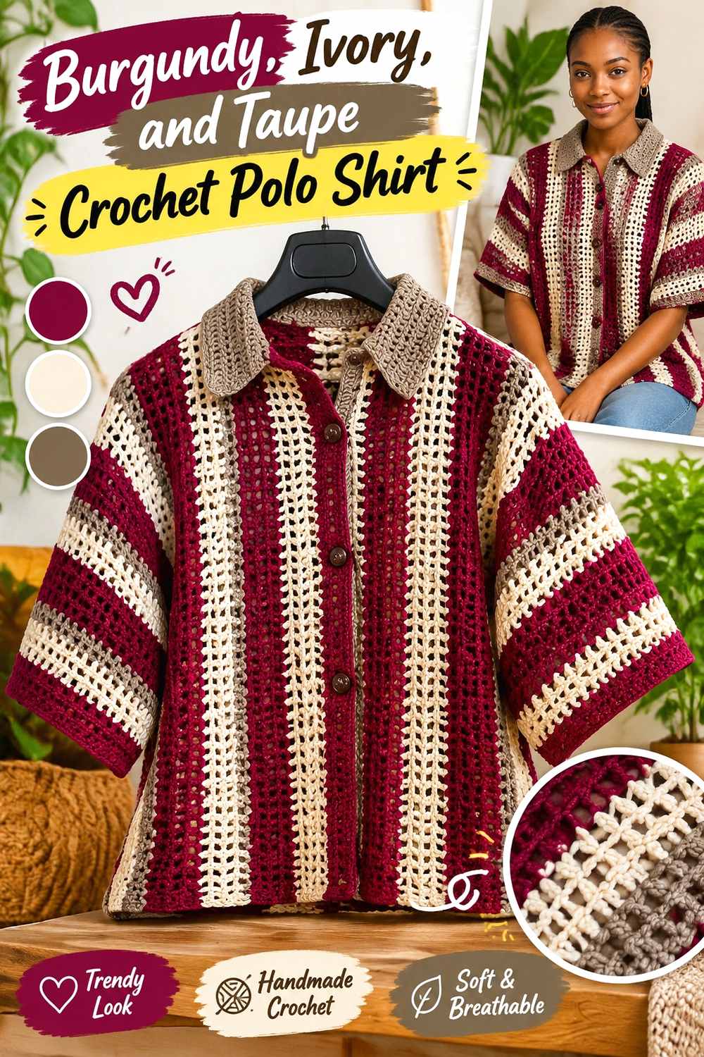 11. Burgundy Ivory And Taupe Crochet Polo Shirt