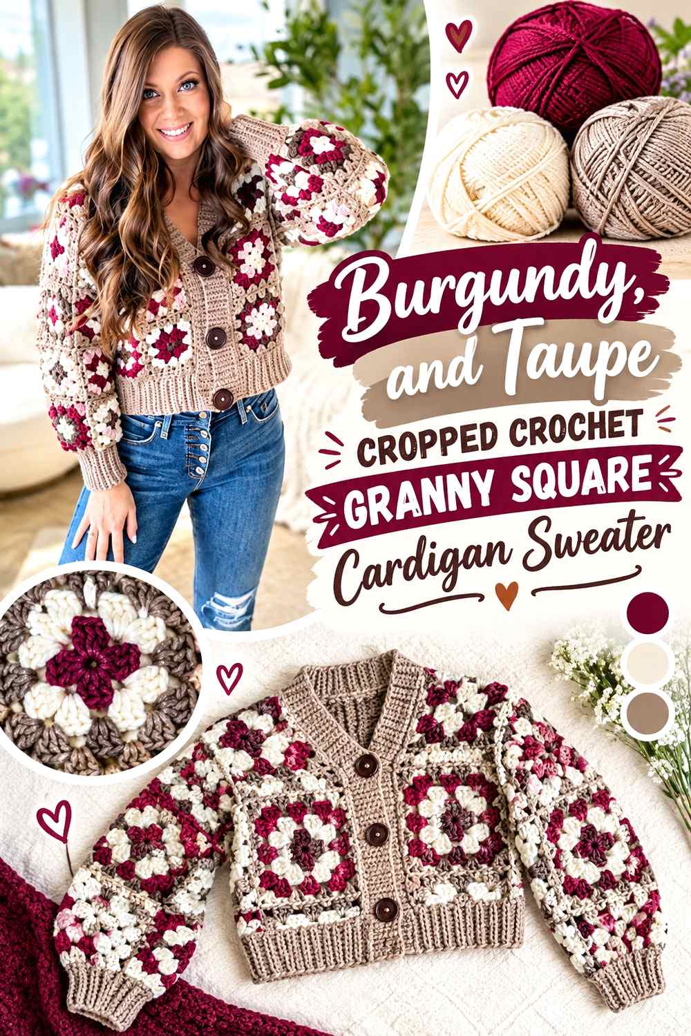 13. Burgundy Ivory And Taupe Cropped Crochet Granny Square Cardigan Sweater