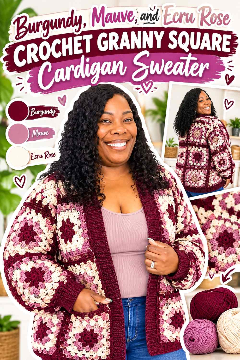 11. Burgundy Mauve And Ecru Rose Crochet Granny Square Cardigan Sweater