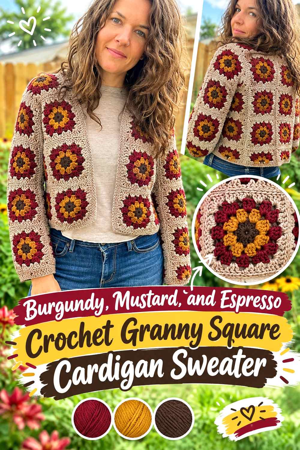 12. Burgundy Mustard And Espresso Crochet Granny Square Cardigan Sweater