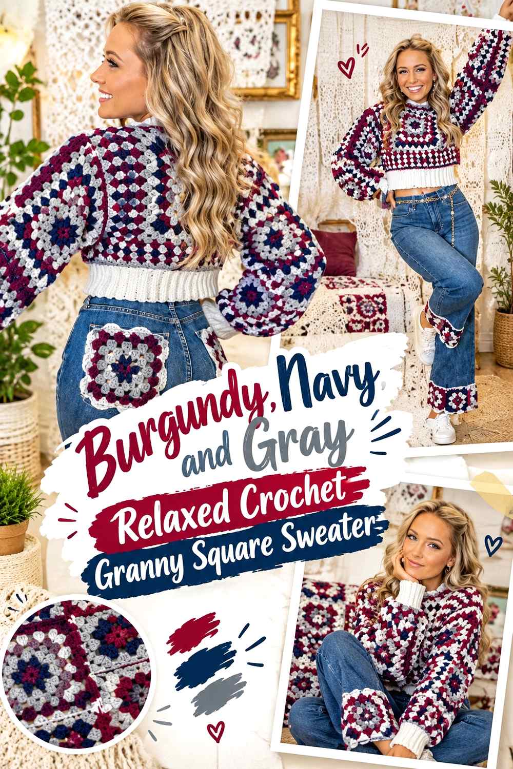 14. Burgundy Navy And Gray Relaxed Crochet Granny Square Sweater