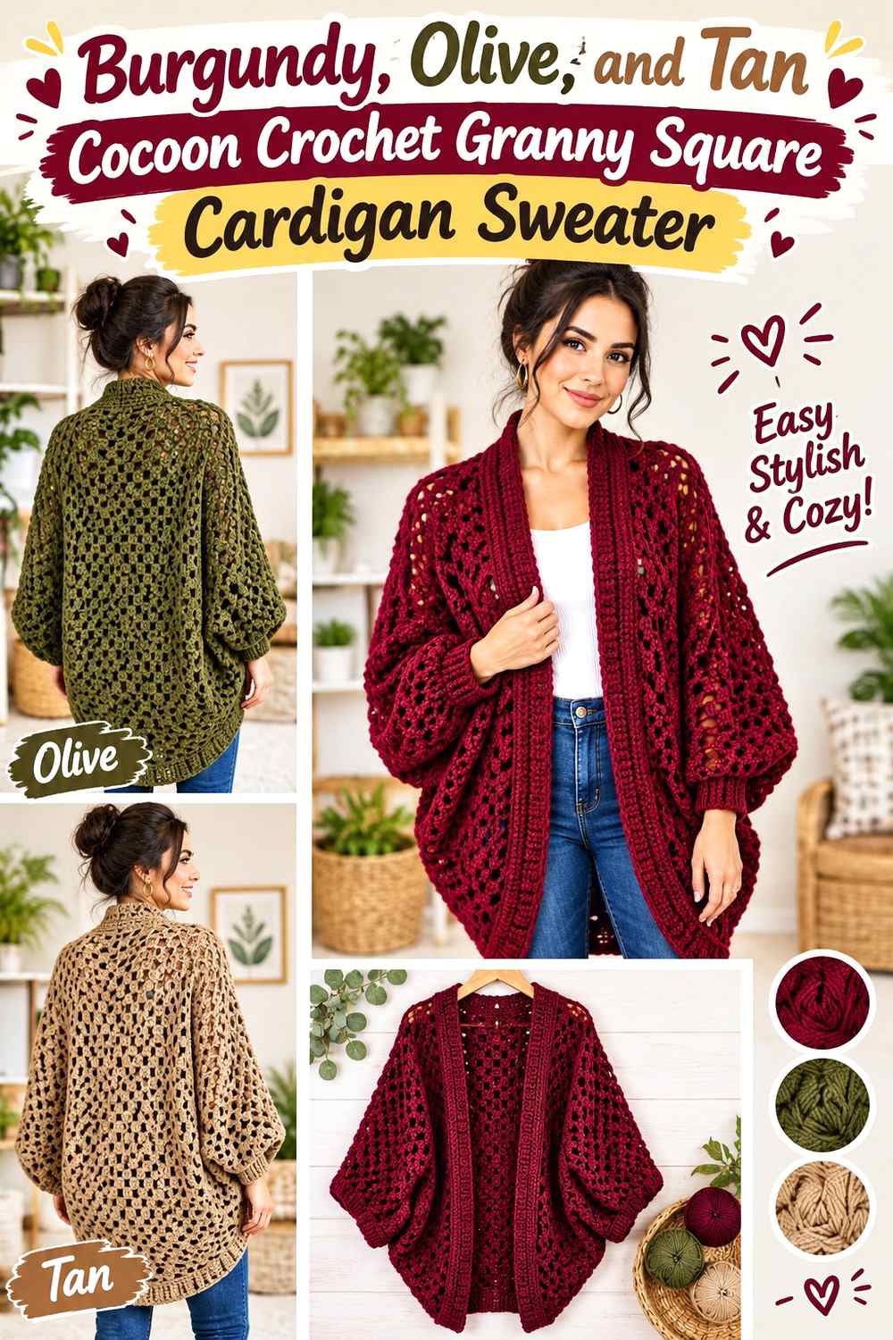 7. Burgundy Olive And Tan Cocoon Crochet Granny Square Cardigan Sweater