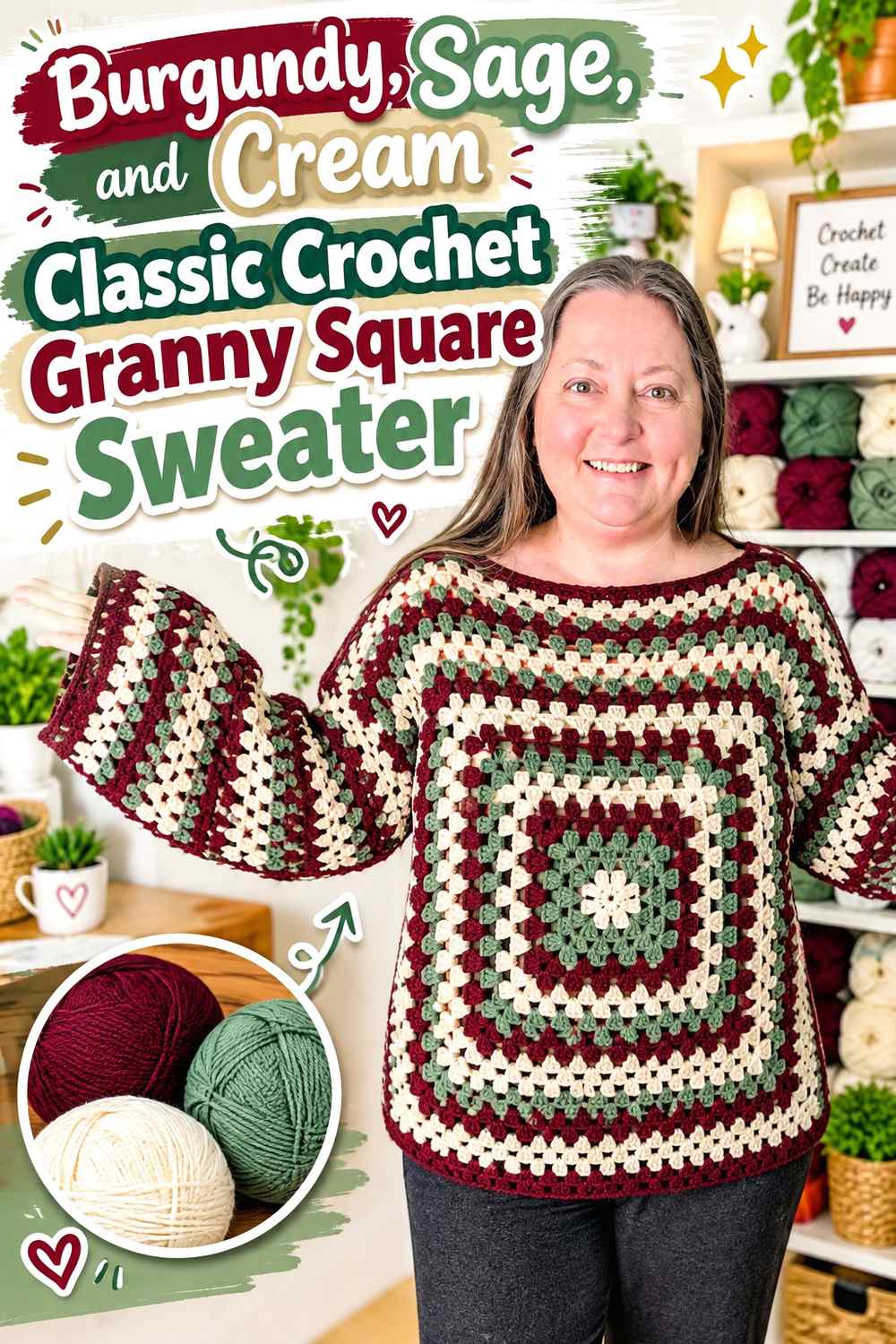 15. Burgundy Sage And Cream Classic Crochet Granny Square Sweater