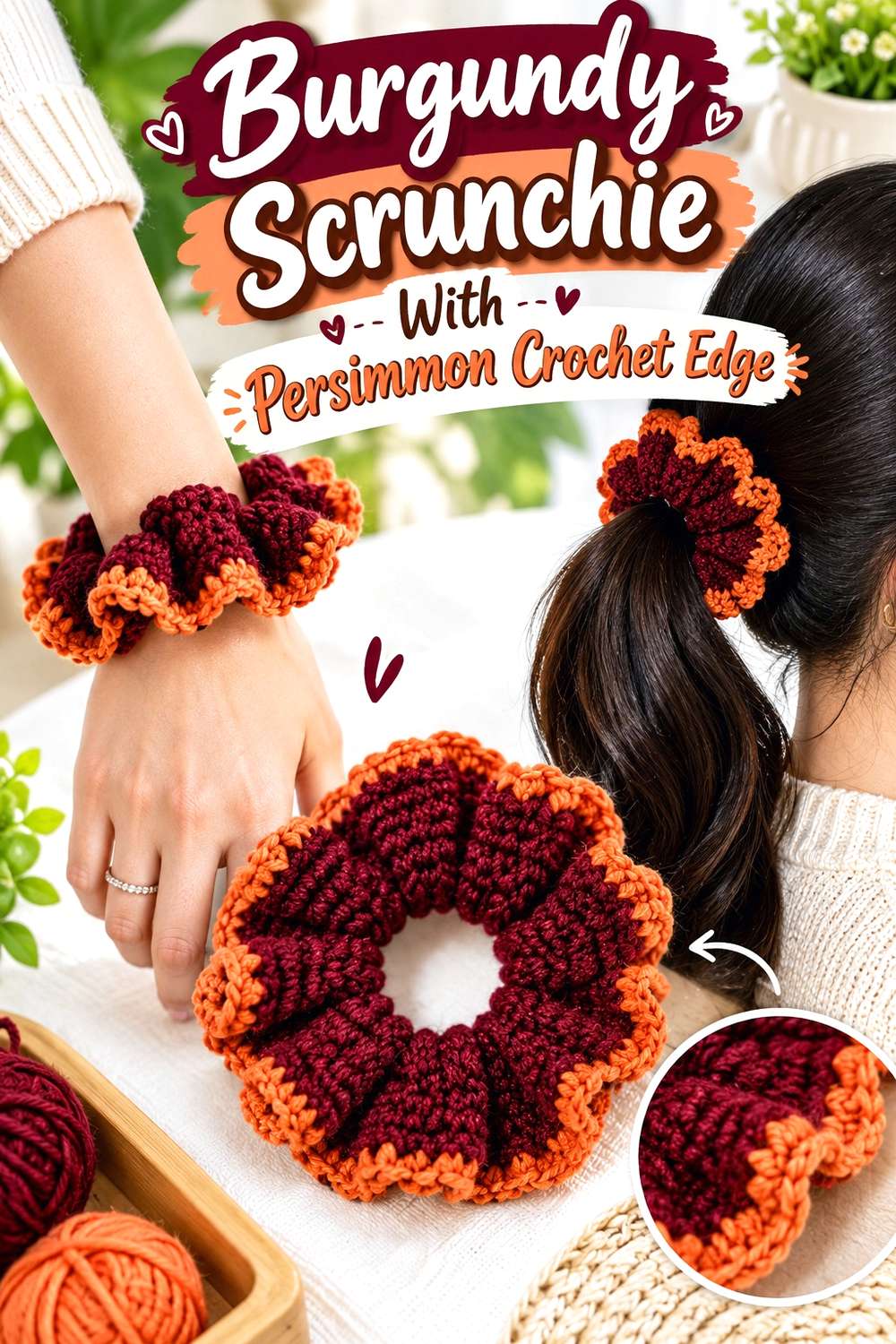 14. Burgundy Scrunchie With Persimmon Crochet Edge