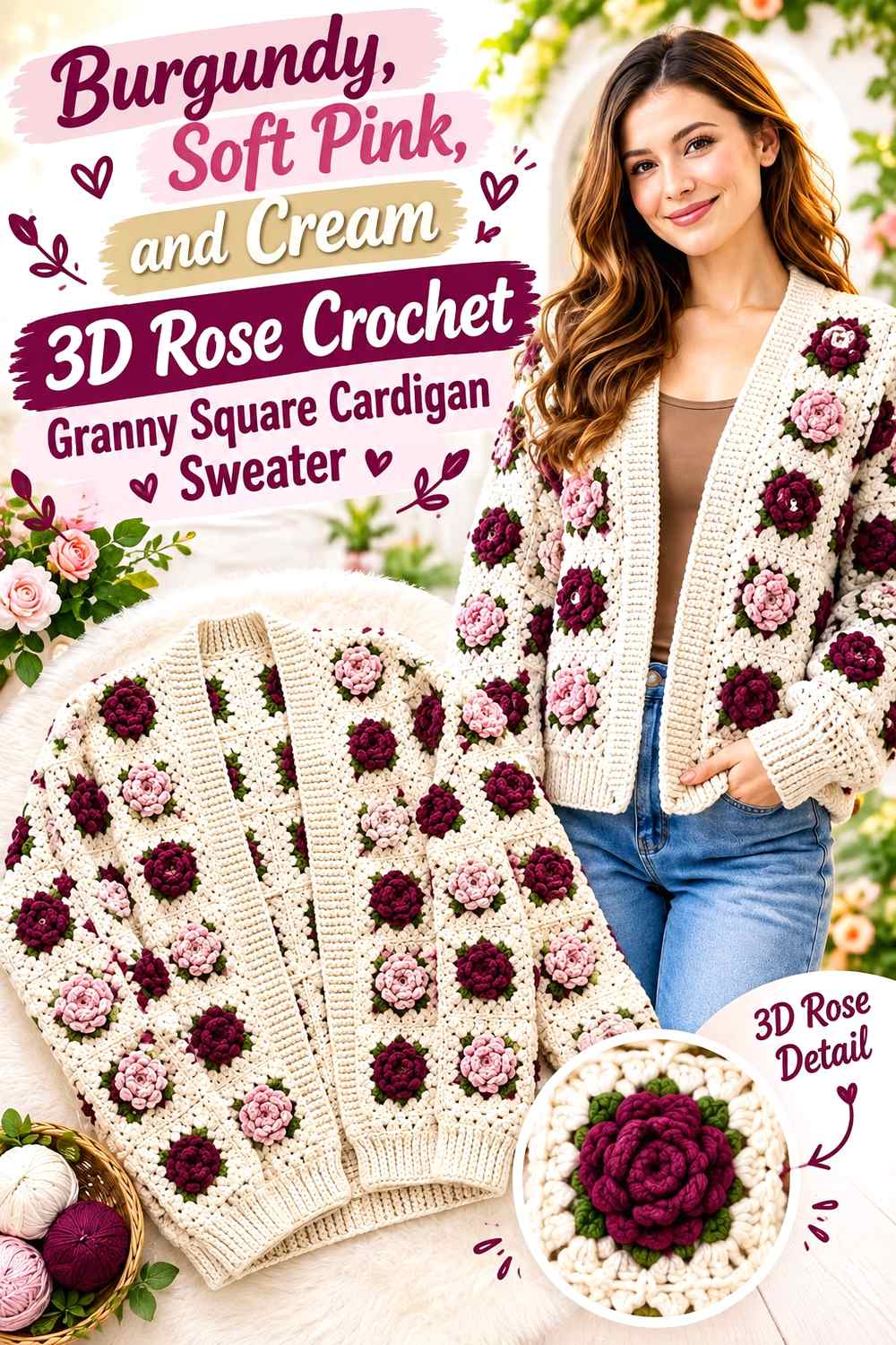 9. Burgundy Soft Pink And Cream 3d Rose Crochet Granny Square Cardigan Sweater