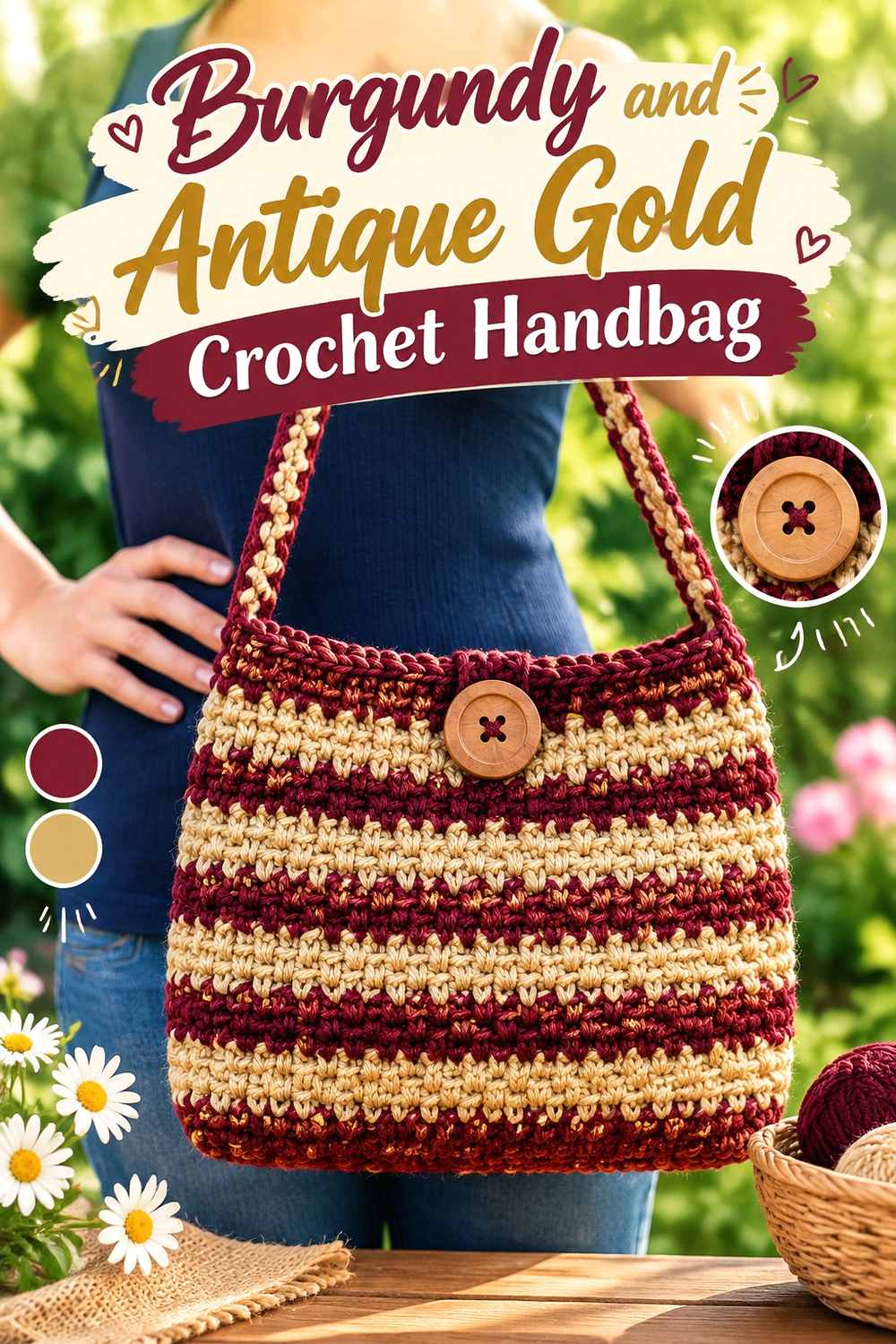 9. Burgundy And Antique Gold Crochet Handbag