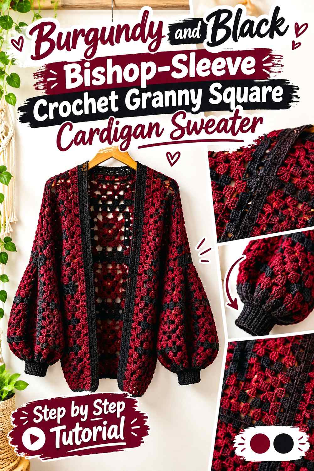 8. Burgundy And Black Bishop Sleeve Crochet Granny Square Cardigan Sweater
