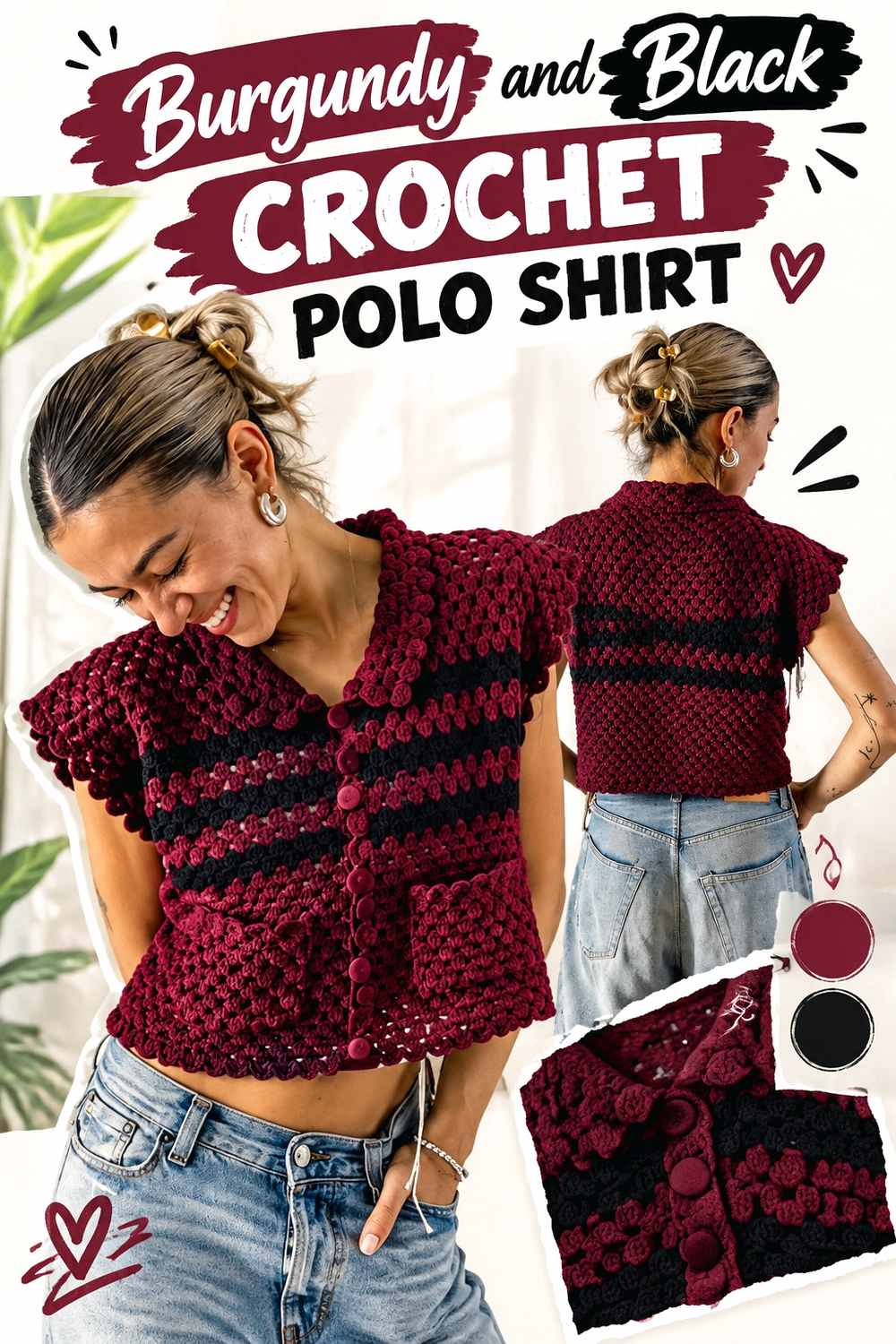 10. Burgundy And Black Crochet Polo Shirt