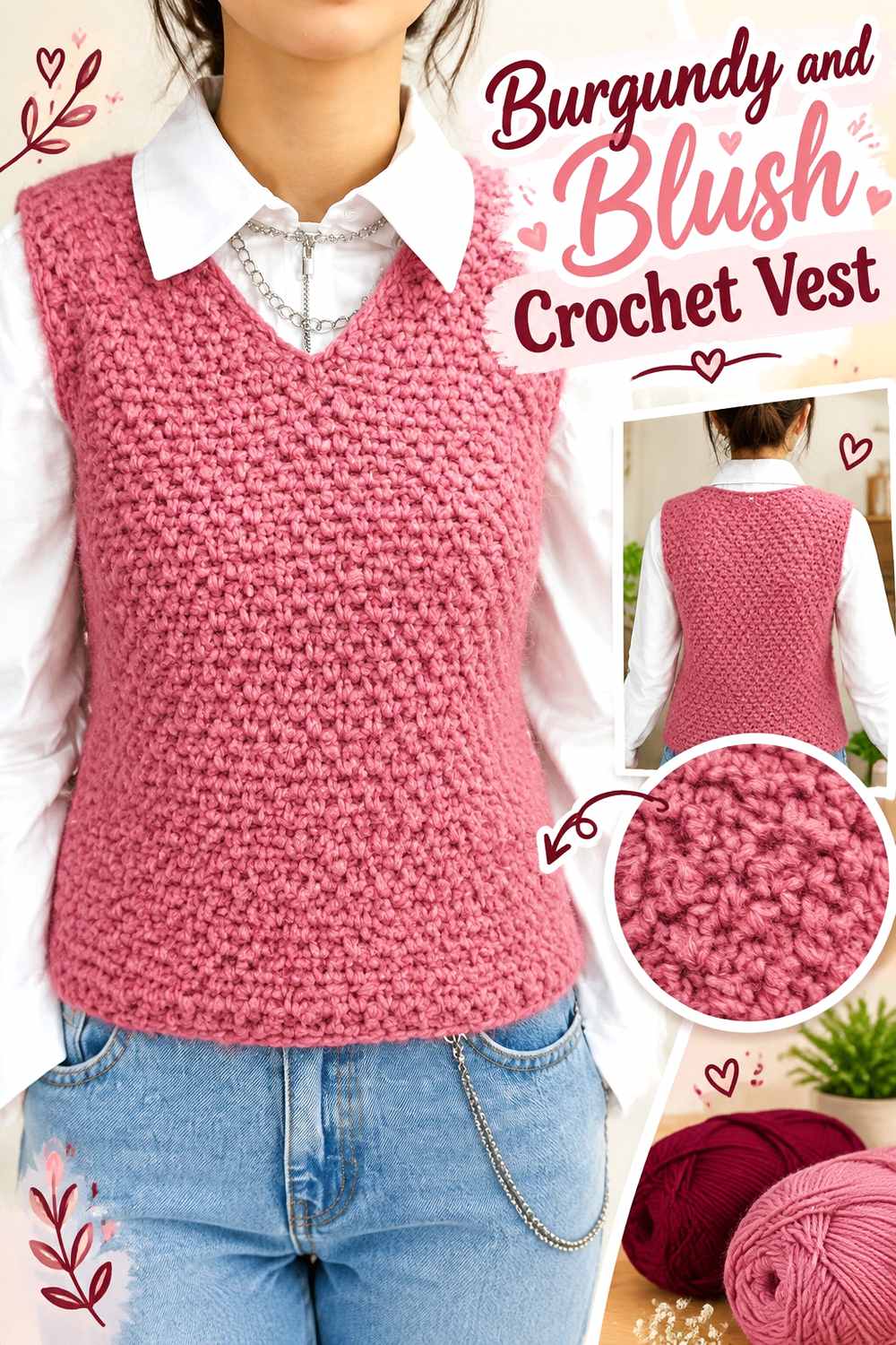 8. Burgundy And Blush Crochet Vest