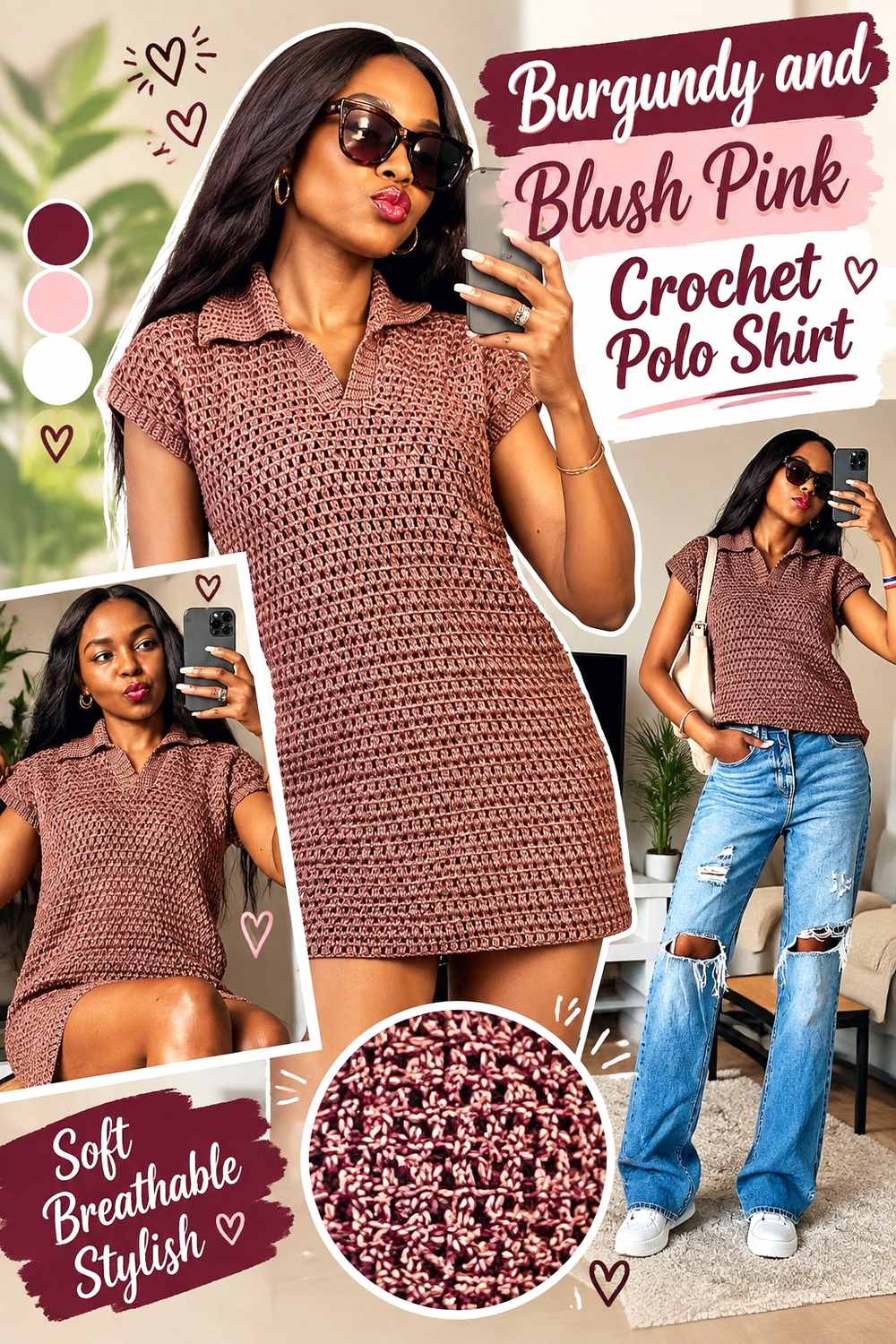 8. Burgundy And Blush Pink Crochet Polo Shirt