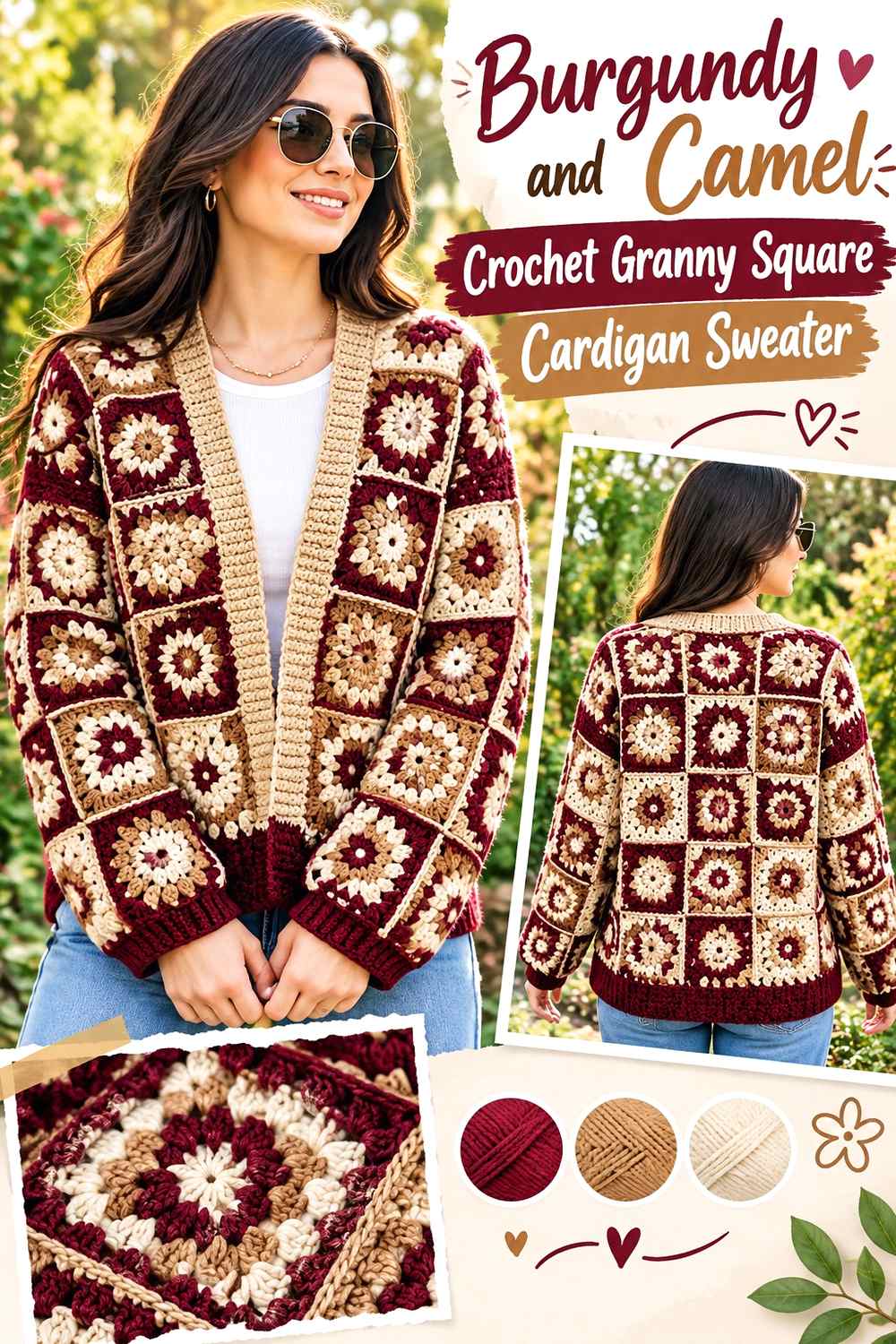 3. Burgundy And Camel Crochet Granny Square Cardigan Sweater