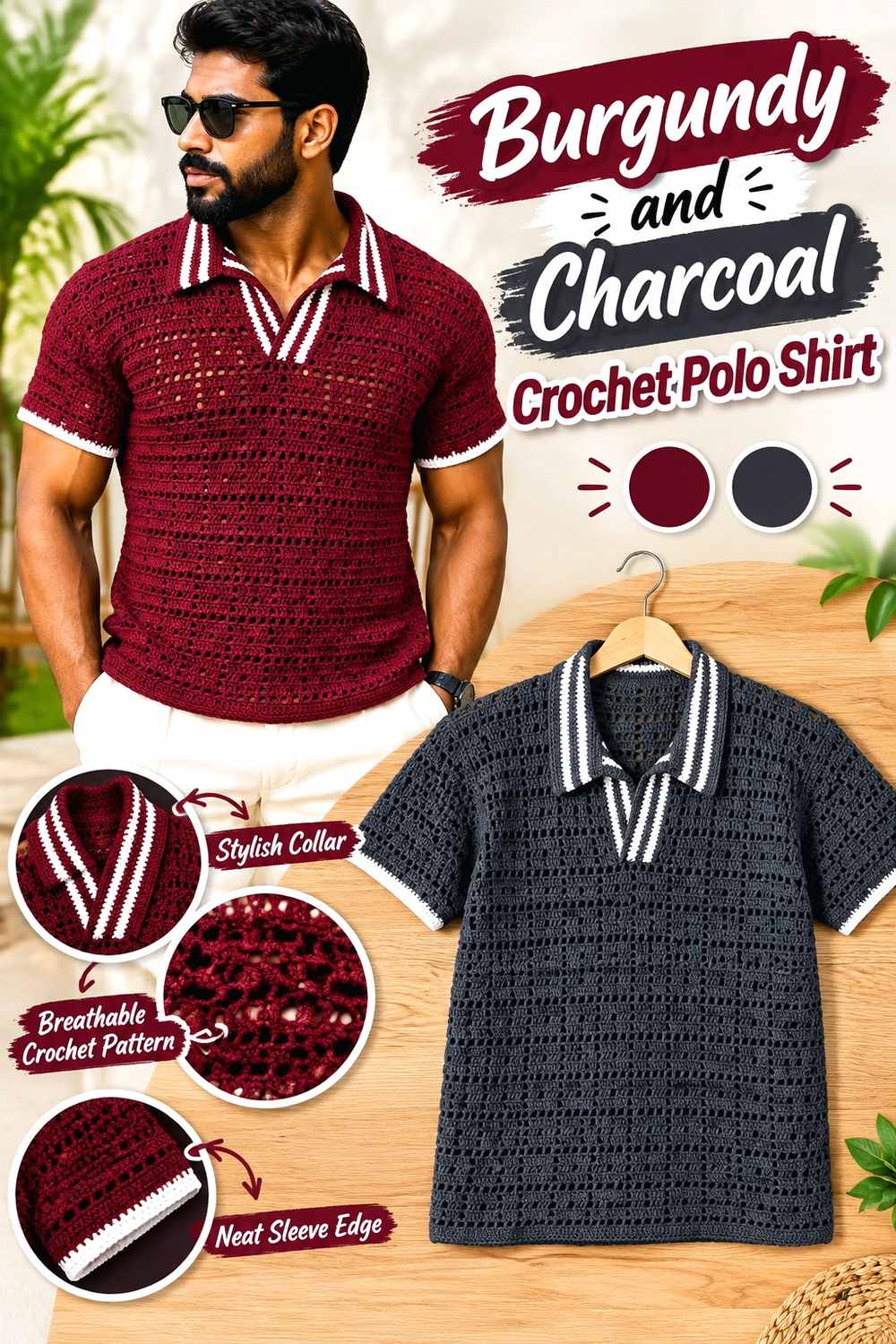 4. Burgundy And Charcoal Crochet Polo Shirt